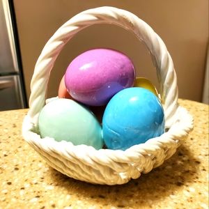 Vintage Ceramic Porcelain woven basket of eggs